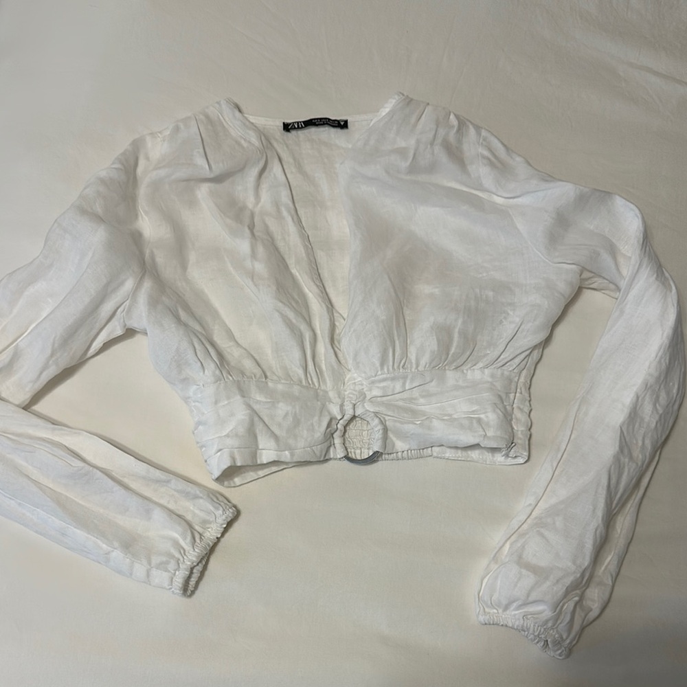 Zara White Ruched Crop Blouse